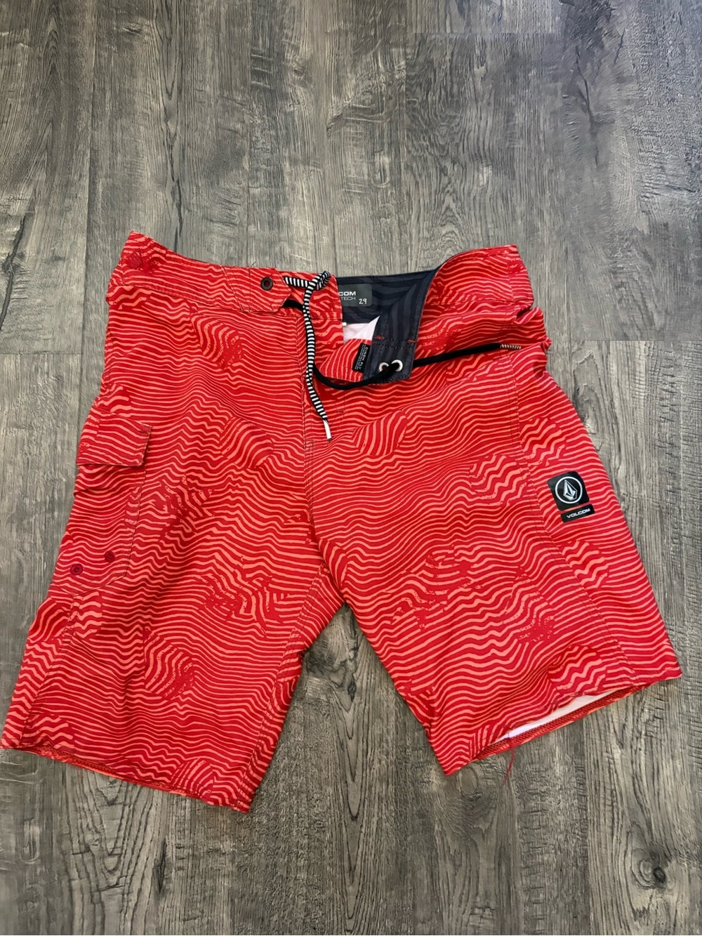 Volcom Red Wave-Pattern Kids Swim Trunks